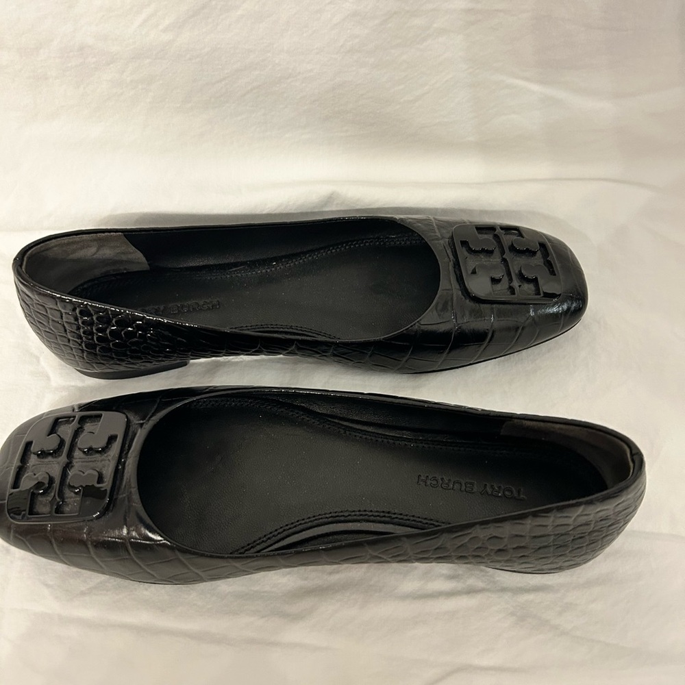 Tory Burch Black Croc-Embossed Flats
